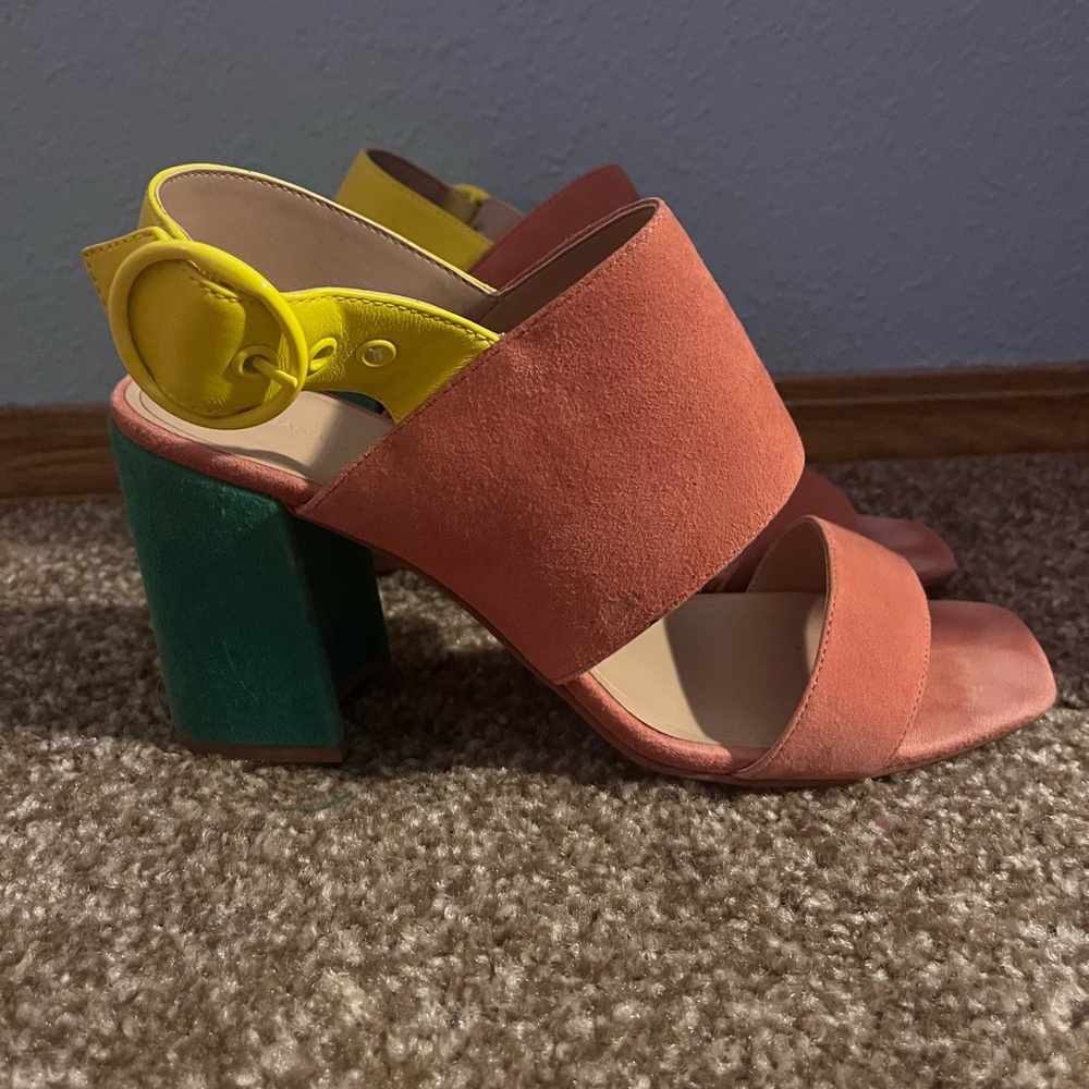 LAST CHANCE - WILL DONATE Bright Pastel Colorblock Suede Block Heels Sandals
